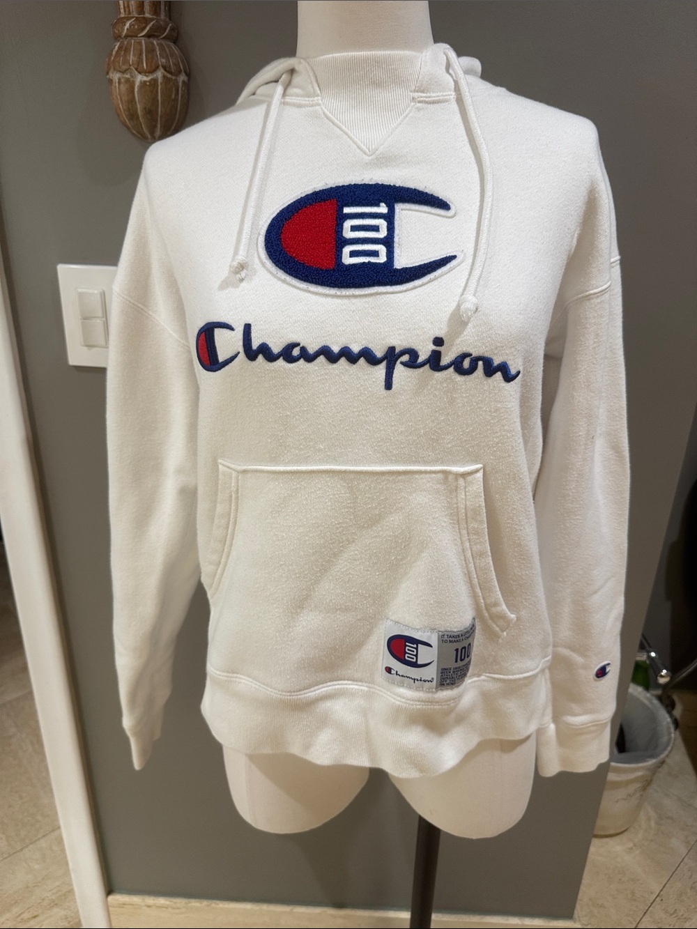 Champion White Pullover Hoodie with Red & Blue Logo Embroidery